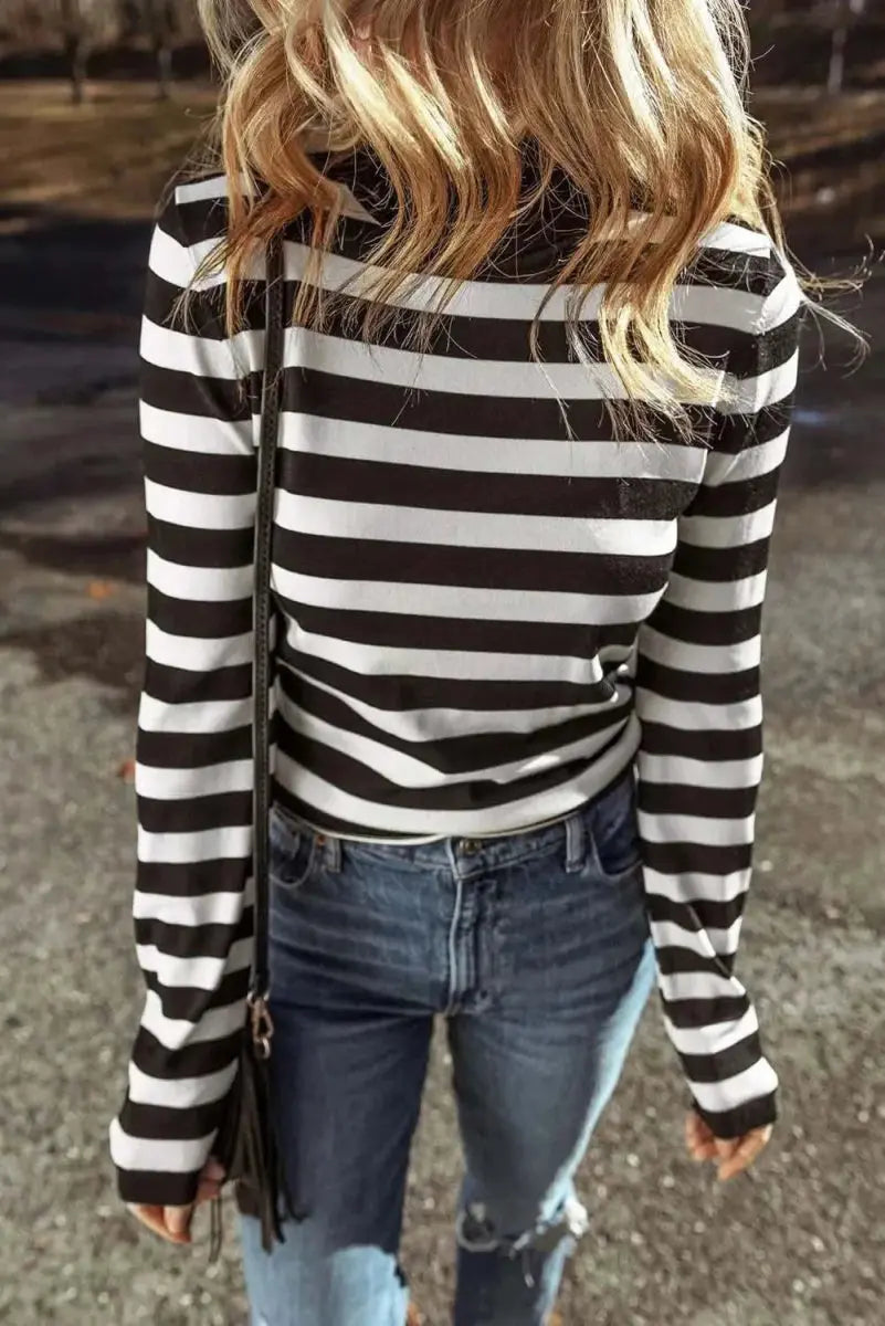 Striped Turtleneck Long Sleeve Knit Top - Love Salve
